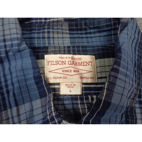Filson Shirt Mens L Blue White Washed Feather Cloth Plaid Short Sleeve - Picture 7 of 13